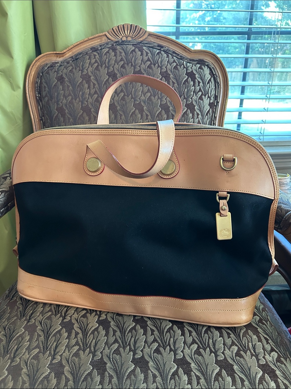 Dooney and Bourke Black and Tan Travel Tote Bag - Leather Trim
